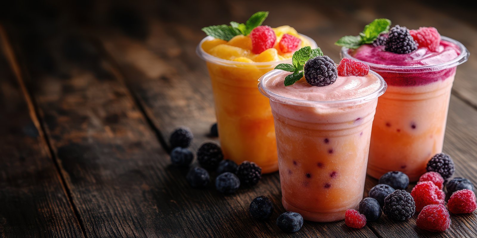 Refreshing fruit smoothies in clear cups resting on rustic wooden table with berries and mint leaves